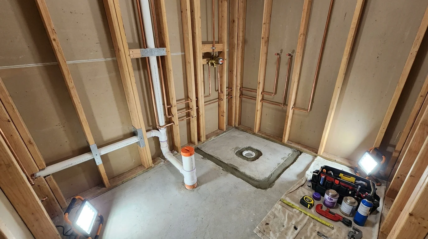 Bathroom rough-in plumbing during remodel by Johns Plumbing LLC in Pewee Valley