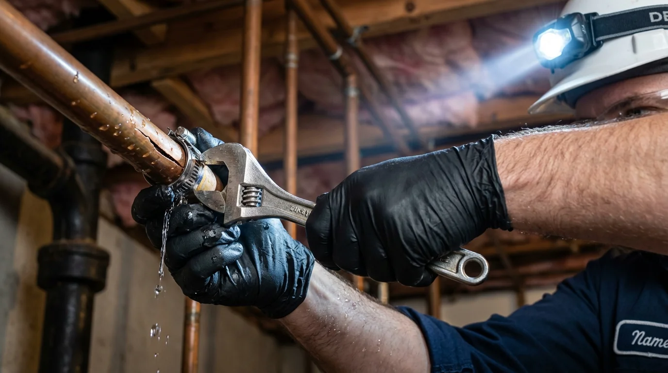 Emergency pipe clamp repair being performed by a Johns Plumbing LLC plumber in Pewee Valley