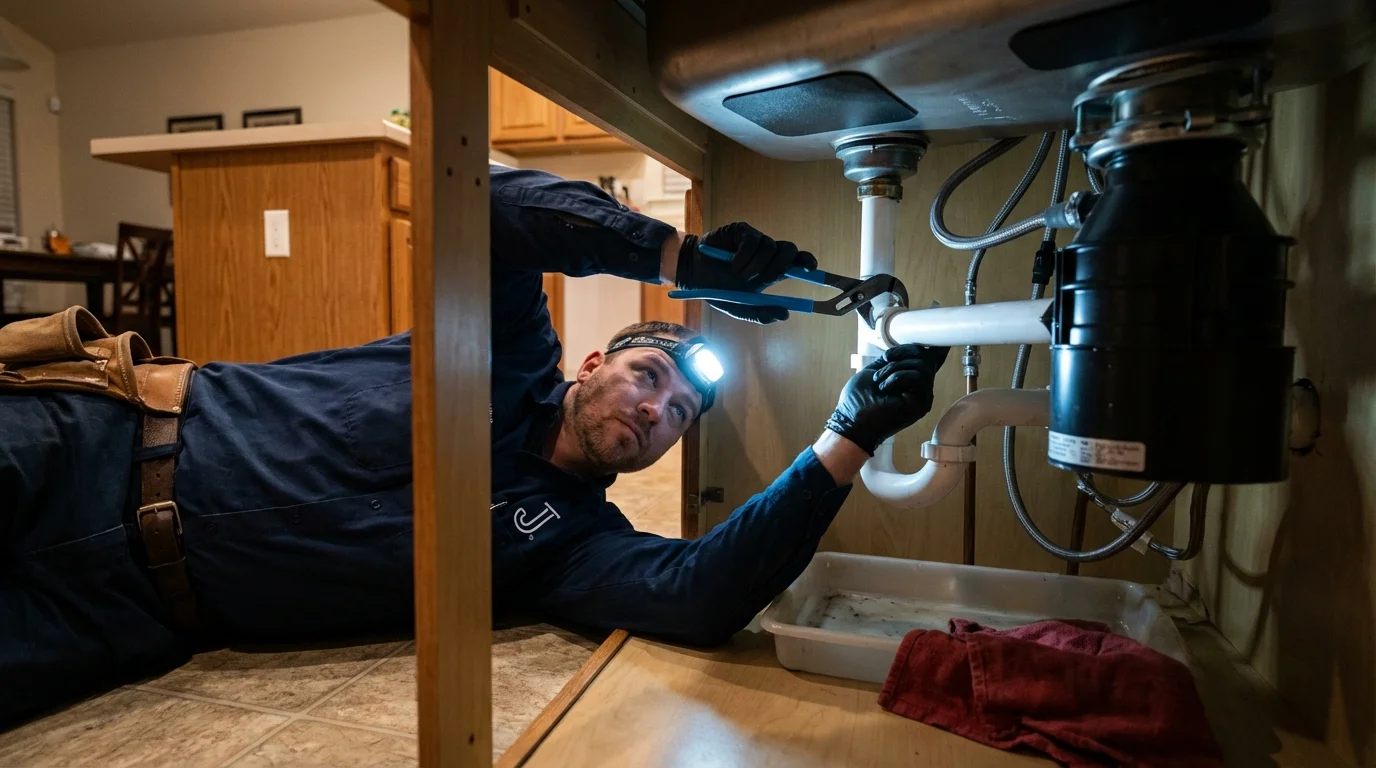 P-trap and supply line connections under a kitchen sink showing a common leak point in Pewee Valley, KY